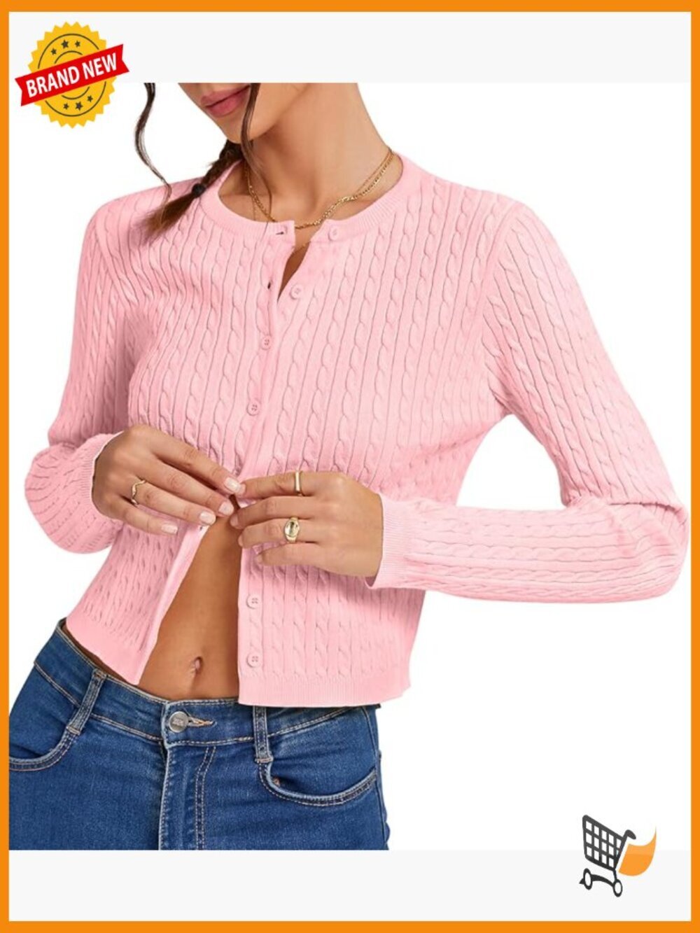Cropped Cable Knit Cardigan Slim Fit Lightweight Button Up Sweater